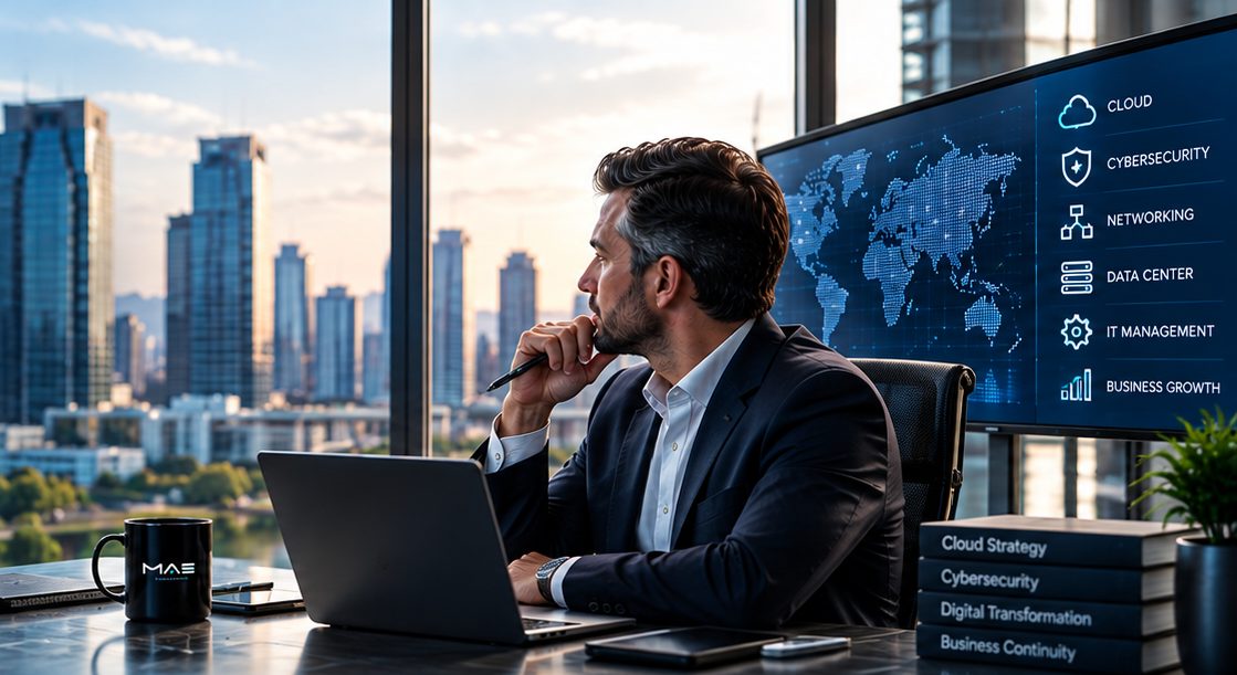 Business leader reviewing cloud, cybersecurity, networking and data center priorities